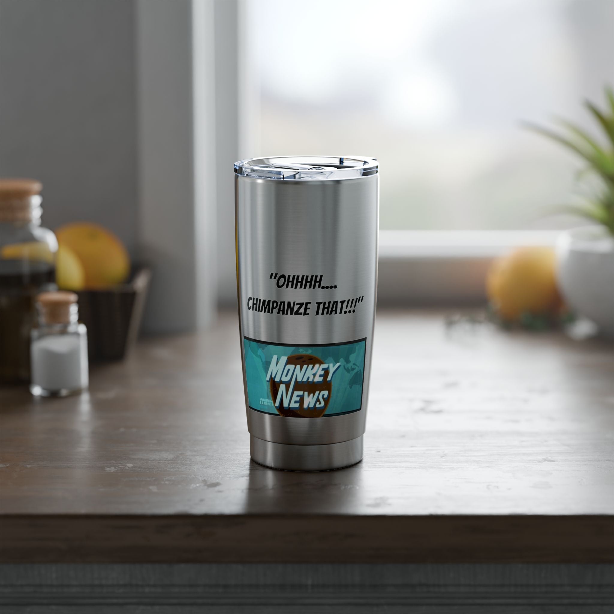 Monkey news - on the go tumbler - Karl Pilkington, Ricky Gervais famous monkey news tumbler