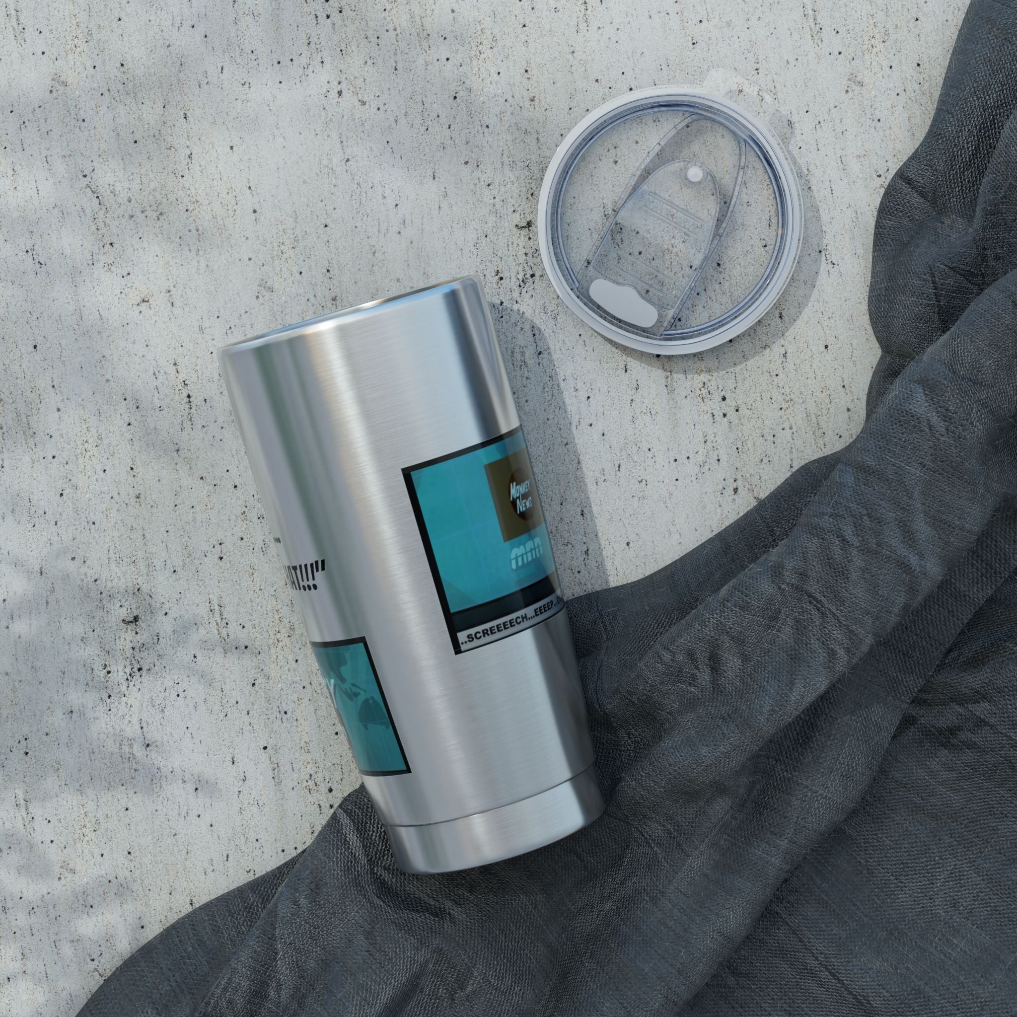 Monkey news - on the go tumbler - Karl Pilkington, Ricky Gervais famous monkey news tumbler