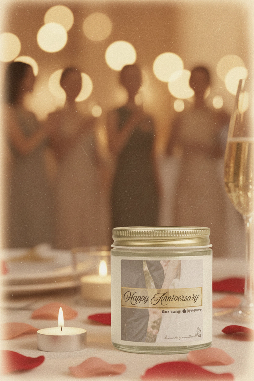 Candle with a 'Happy Anniversary' label on a white background