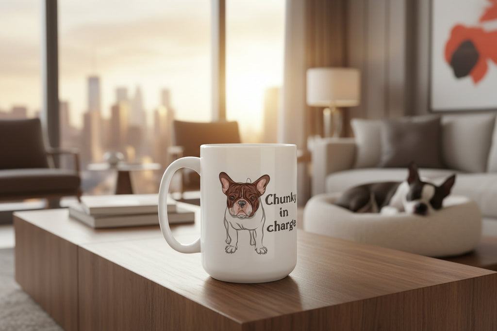 White mug with a cartoon dog illustration and text 'Chunky in charge' on a white background