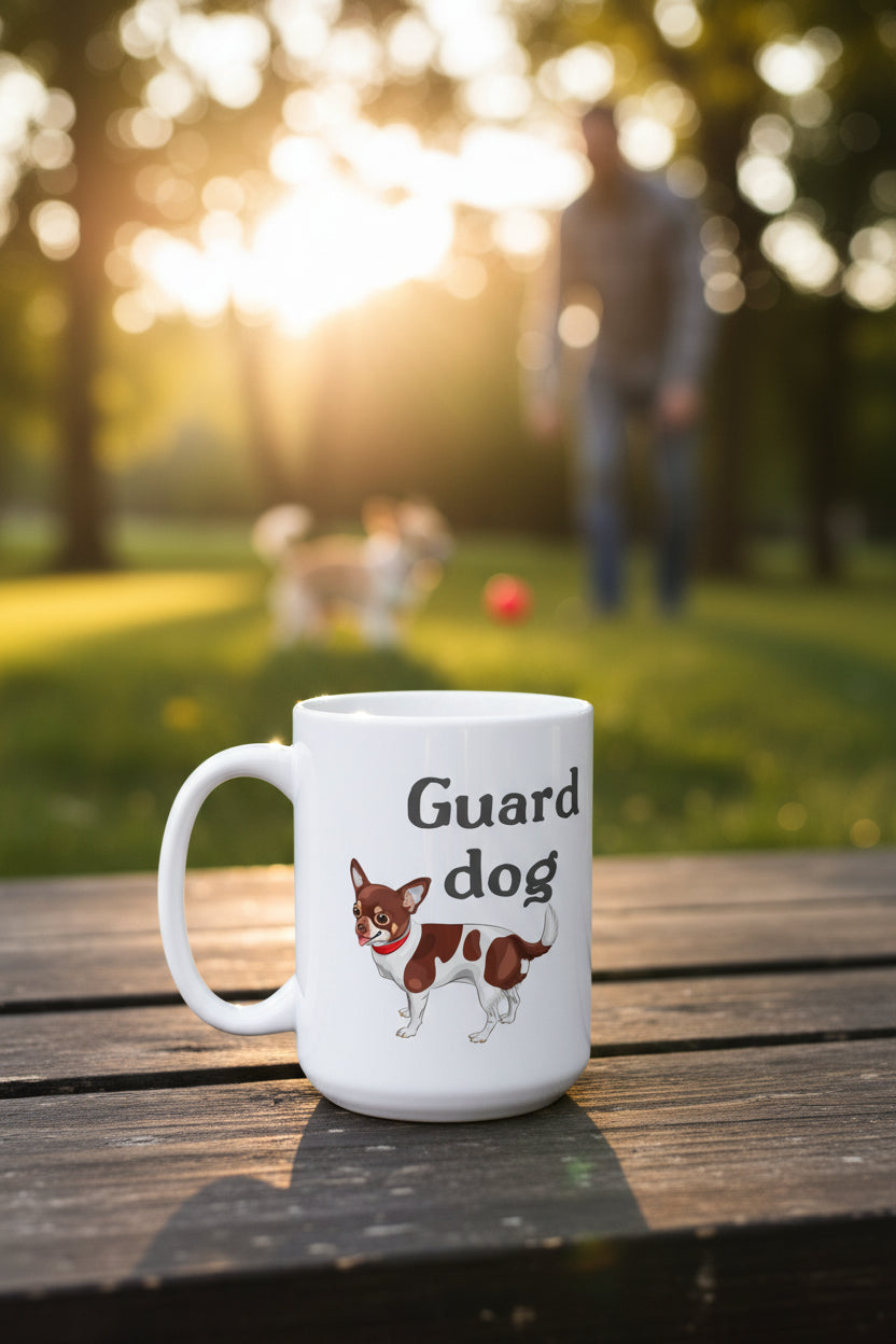 White mug with a dog illustration and 'Guard dog' text on a white background