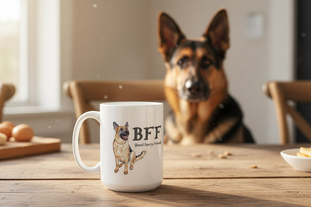 White mug with a German Shepherd illustration and 'BFF best furry friend' text on a white background