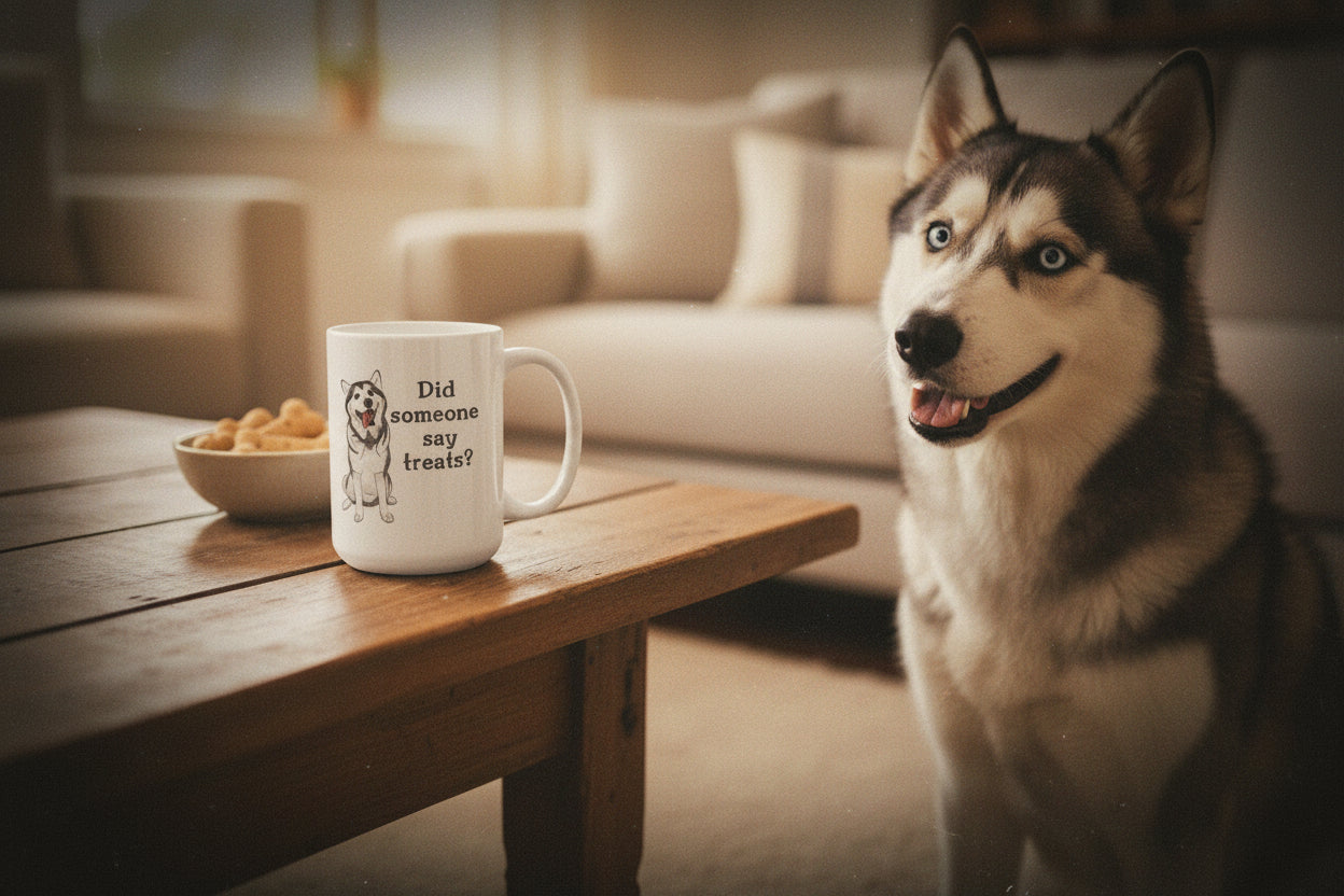 White mug with a dog illustration and text 'Did someone say treats?' on a white background