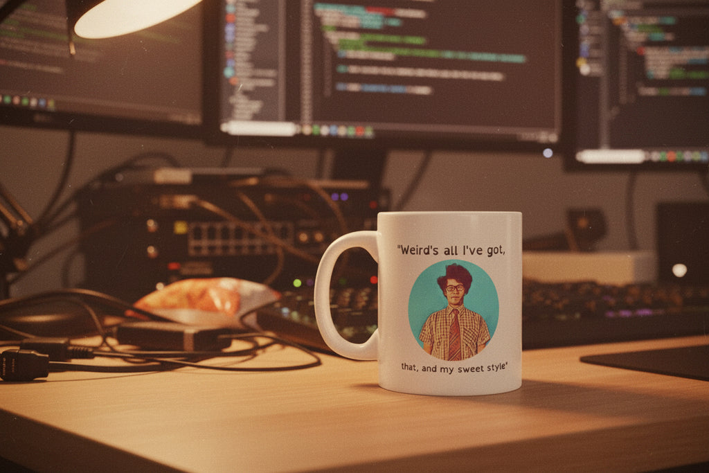 White mug with a graphic of a person and text on a white background