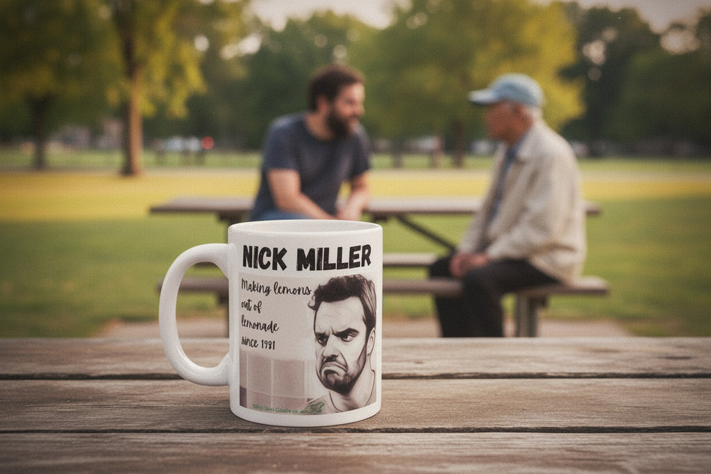 Mug with Nick Miller design featuring text and a portrait on a white background