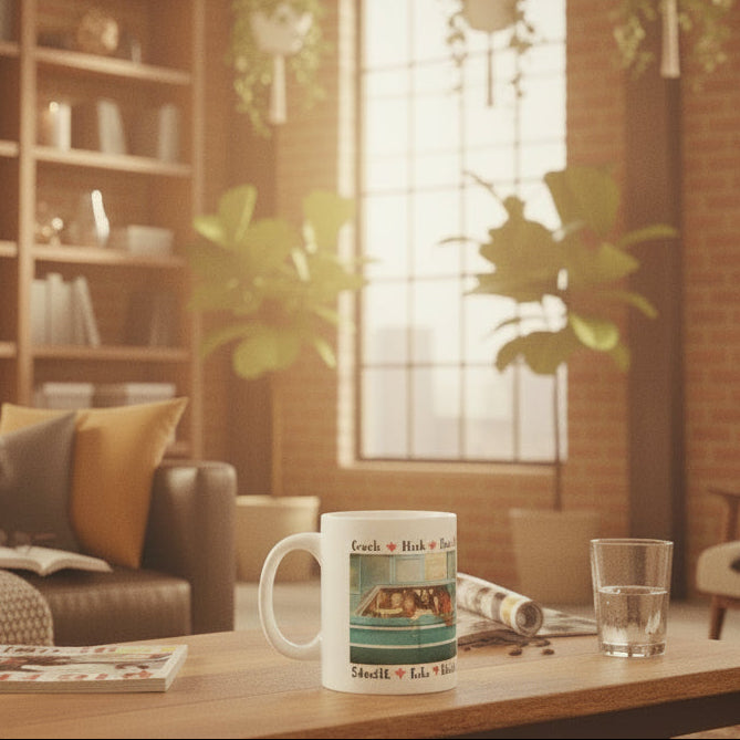White mug with a colorful car graphic and personalized names on a white background