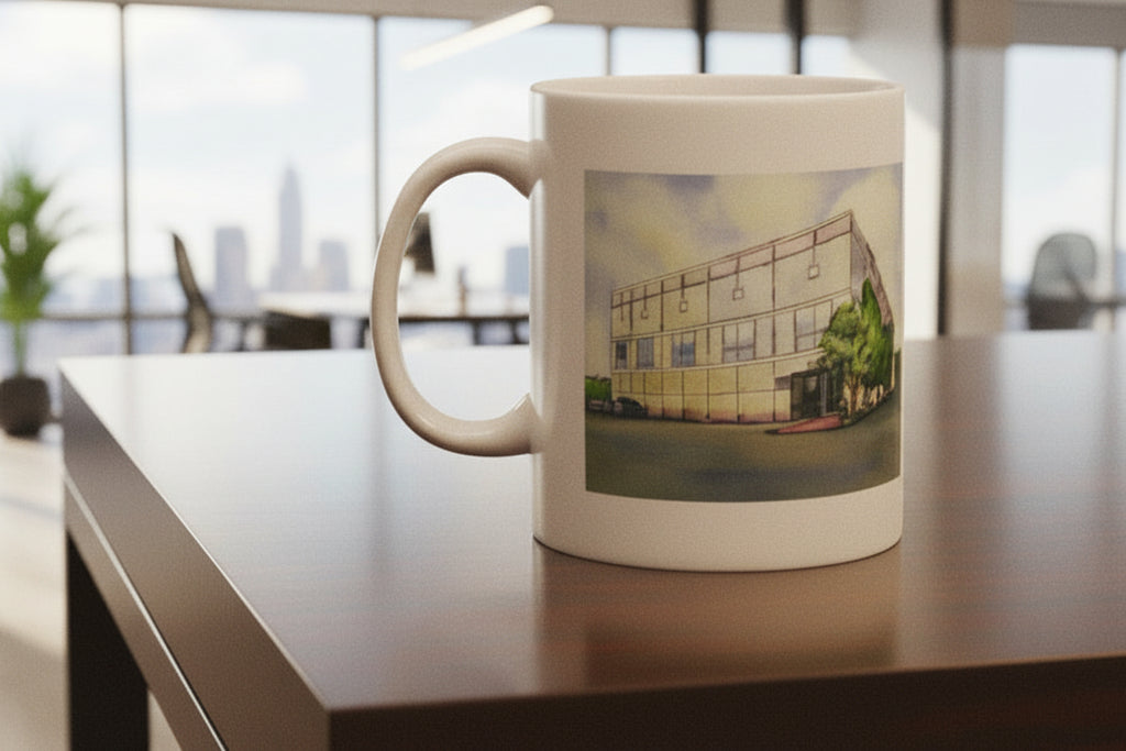 White mug with a printed design of a building on a wooden surface with a blurred cityscape background.