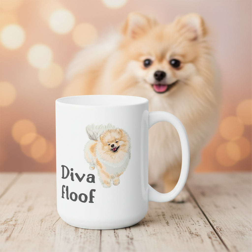 White mug with a dog illustration and 'Diva floof' text on a white background