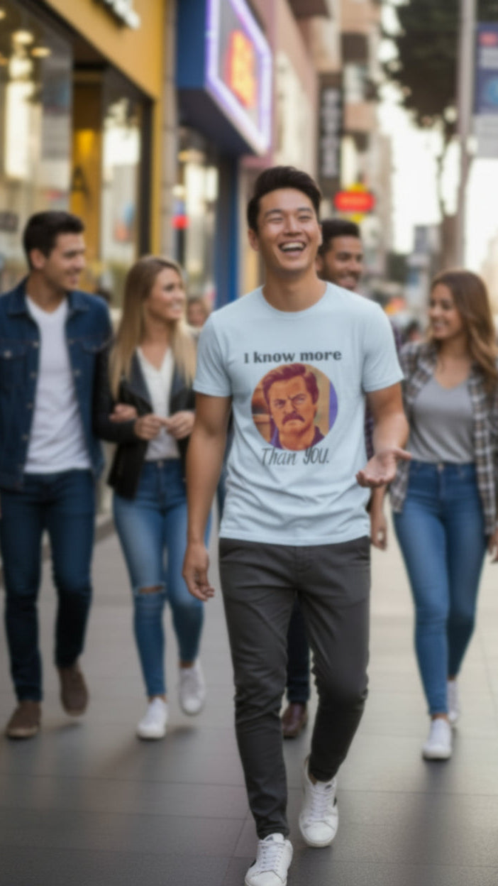 Light blue t-shirt with a graphic of a man's face and text 'I know more than you.' on a white background