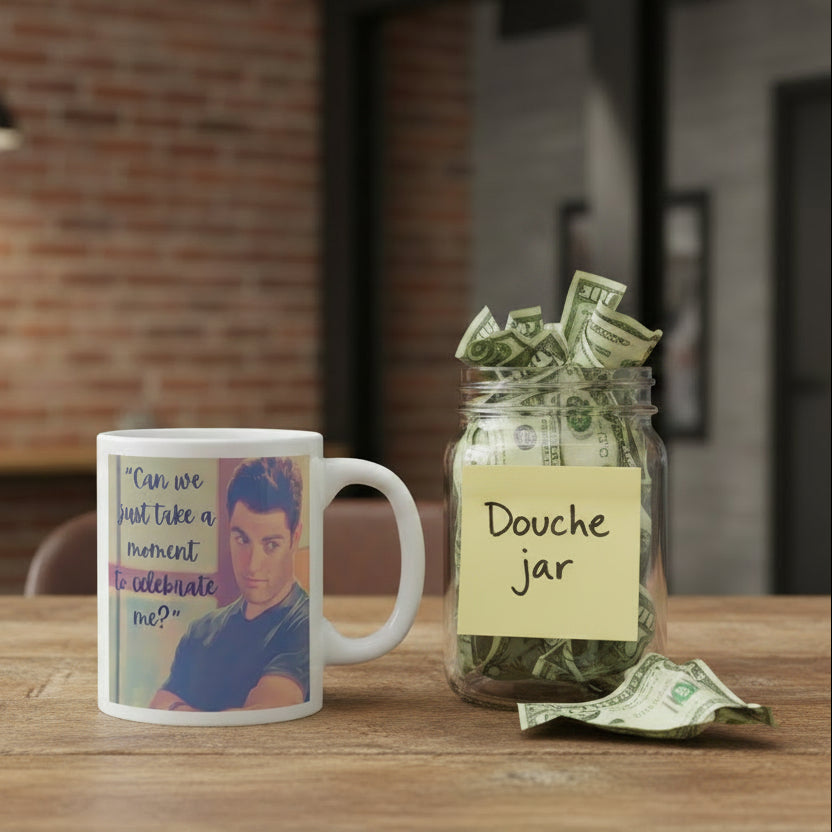 Mug with a printed design of a person and text on a white background