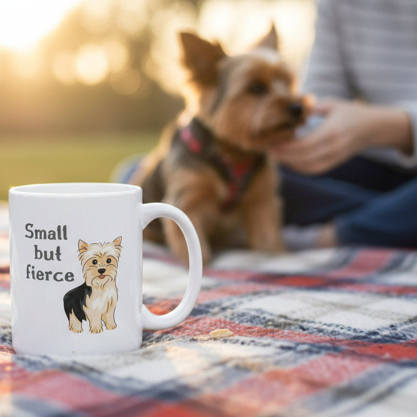 White mug with a dog illustration and text 'Small but fierce' on a white background