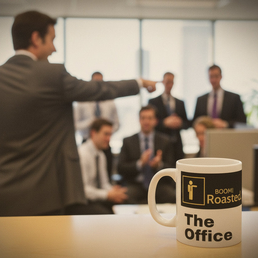 White mug with 'Boom! Roasted The Office' text and logo on a white background