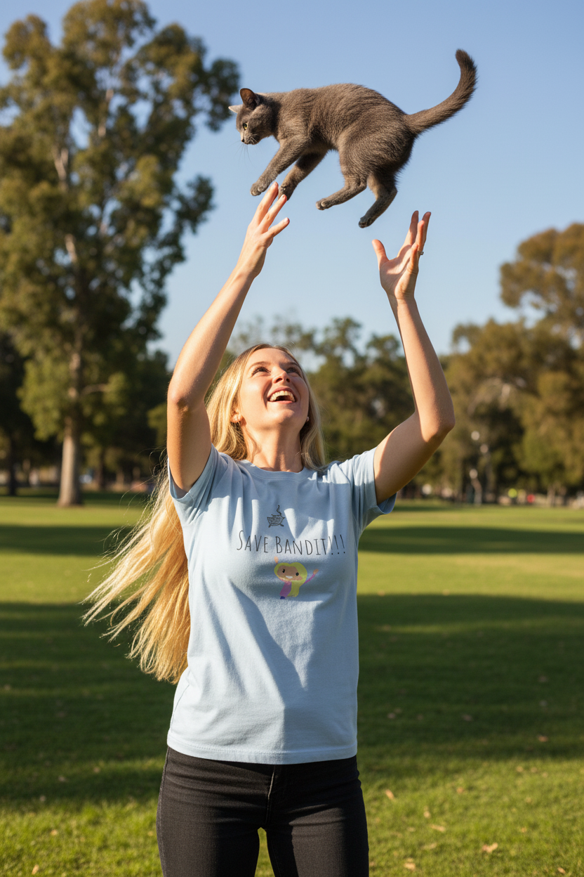 Light blue t-shirt with cartoon characters and text 'Save Bandit!!!'